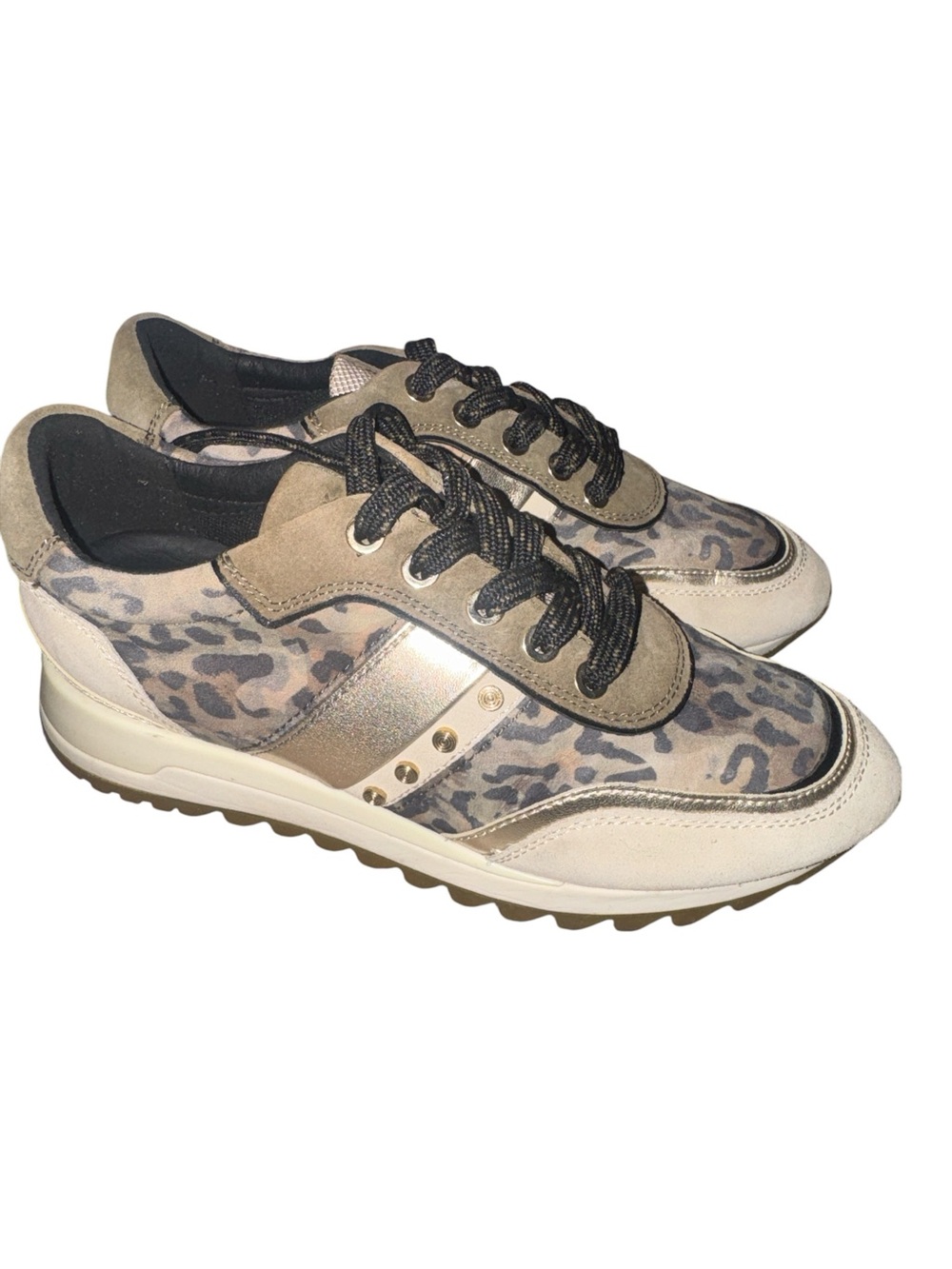 Geox Women’s Beige and Black Leopard-Accent Sneakers